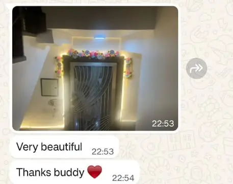 Customer photo of a toran over a lit doorway, with the messages: very beautiful, thanks buddy