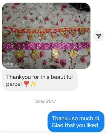 Customer photo of the toran they received, with the message: thank you for this beautiful parcel